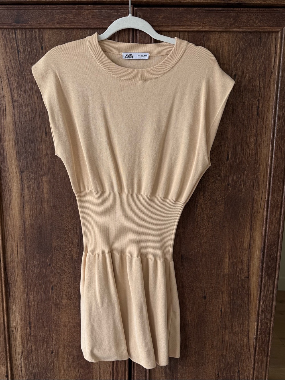 Zara Beige/Cream Knit Waist-Defined Mini Dress